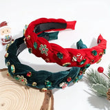 Christmas Tie-Dye Velvet Headband: Hand-Woven Wide Band, Embellished with Rhinestones and Snowflake Charms, Red and Green Festive Colors, Perfect Statement Accessory for Parties and Holiday Photos./RED
