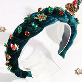 Christmas Tie-Dye Velvet Headband: Hand-Woven Wide Band, Embellished with Rhinestones and Snowflake Charms, Red and Green Festive Colors, Perfect Statement Accessory for Parties and Holiday Photos./RED