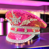 Sparkling Rhinestone Captain's Hat, Covered in Sequins, Adorned with Rhinestone Trim, Unisex and Versatile – Shines Bright at Parties and in Daily Wear.