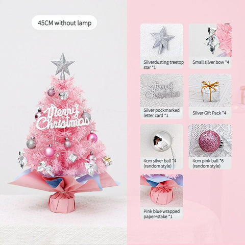 45cm Pink Mini Christmas Tree | Natural Log Base, Pink & Blue Wrapped Design, Star Topper, Letter Sign, Ornaments & Bows, Sweet Desktop Holiday Décor (No Lights Version)