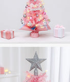 45cm Pink Mini Christmas Tree | Natural Log Base, Pink & Blue Wrapped Design, Star Topper, Letter Sign, Ornaments & Bows, Sweet Desktop Holiday Décor (No Lights Version)