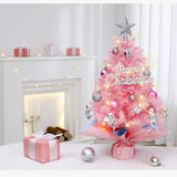 45cm Pink Mini Christmas Tree | Natural Log Base, Pink & Blue Wrapped Design, Star Topper, Letter Sign, Ornaments & Bows, Sweet Desktop Holiday Décor (No Lights Version)
