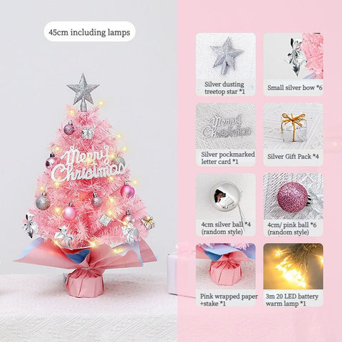 45cm Pink Mini Christmas Tree | Natural Log Base, Pink & Blue Wrapped Design, Star Topper, Letter Sign, Ornaments & Bows, Sweet Desktop Holiday Décor (Including lamp: LED battery warm lamp)