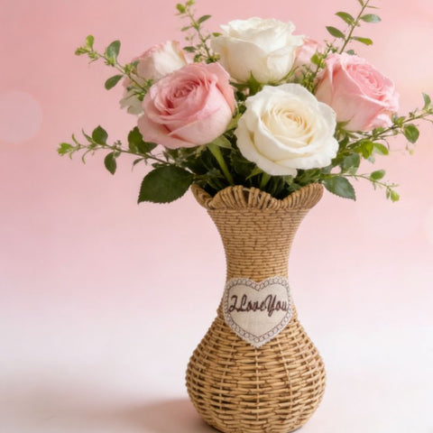 Rattan-Look Hourglass Vase, Petal Rim Adds Elegance — Handcrafted Dried Flower Décor for Living Room./Cloth mark payment In Australia - Darrahopens