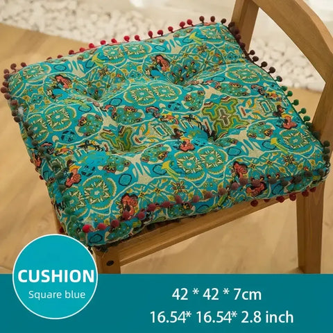 Bohemian Thick Cushion: Ethnic print with tassel trim, 100% polyester soft and resilient, suitable for both square and round shapes in all seasons, easy hand-wash care, adds an exotic flair to your home decor. (Square, Blue)