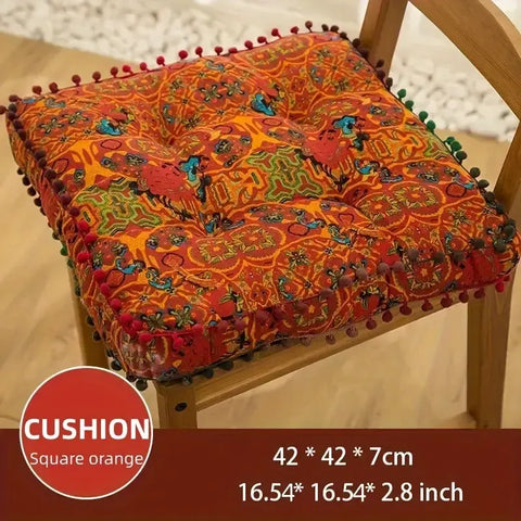 Bohemian Thick Cushion: Ethnic print with tassel trim, 100% polyester soft and resilient, suitable for both square and round shapes in all seasons, easy hand-wash care, adds an exotic flair to your home decor. (Square, orangee)