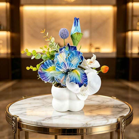 Simulated iris potted plant, floral artistry vibrant and colorful, pumpkin planter round and versatile, no maintenance ready to display upon opening, brightens up new Chinese-style and light luxury home spaces.(pale bluish green)