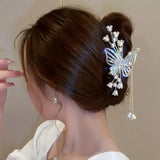 【Alloy Butterfly Tassel Claw Clip】 Fully Rhinestone-Encrusted Lily-of-the-Valley Pearls, Cascading Metal Tassels, Perfect for Updos, Buns & Side Clips, Wedding Party Luxury Socialite Style.