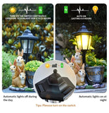 Solar Simulation Rabbit Ornament, charges by day and lights up automatically at night, three rabbits cluster around a street lamp with "WELCOME" bucket, warmly decorates courtyard and balcony, eco-friendly and healing./Rabbit's Kin