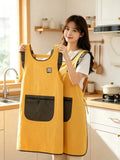 Fashion Waterproof Apron with Ruffled Sleeves, Zippered Large Pocket & Back Tie, Waterproof & Breathable Non-Stuffy, Perfect for Kitchen Baking & Home Use./GREEN