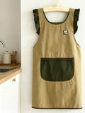 Fashion Waterproof Apron with Ruffled Sleeves, Zippered Large Pocket & Back Tie, Waterproof & Breathable Non-Stuffy, Perfect for Kitchen Baking & Home Use./GREEN