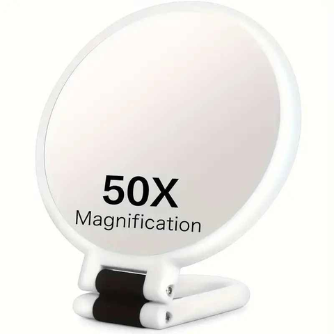 Double-sided Folding Makeup Mirror – 1X/50X Dual Magnification, 360° Rotatable and Foldable for Portability, Three Uses: Handheld, Desktop, Wall-mounted(WHITE)