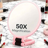 Double-sided Folding Makeup Mirror – 1X/50X Dual Magnification, 360° Rotatable and Foldable for Portability, Three Uses: Handheld, Desktop, Wall-mounted(PINK)