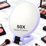 Double-sided Folding Makeup Mirror – 1X/50X Dual Magnification, 360° Rotatable and Foldable for Portability, Three Uses: Handheld, Desktop, Wall-mounted(PINK)
