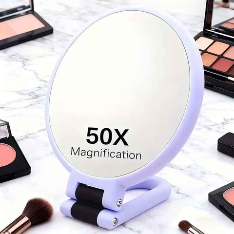 Double-sided Folding Makeup Mirror – 1X/50X Dual Magnification, 360° Rotatable and Foldable for Portability, Three Uses: Handheld, Desktop, Wall-mounted（purple）