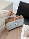 【PU Color-Block Cosmetic Bag】 Leather Handle Metal Zipper, Color-Block Simple Partition, Main Compartment Stores Cosmetics & Toiletries, Lightweight & Versatile for Commuting & Travel./PINK