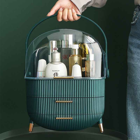 Transparent Flip-top Cosmetic Storage Box: Dustproof, Waterproof, Multi-layer Drawer Organizer, Portable Storage Essential for Desktop and Bathroom.Dark green