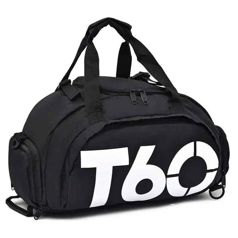 T60 Upgraded Sports Bag: Wet-Dry Separation + Independent Shoe Compartment, Large Capacity, Multiple Carry Options – A Must-Have for Travel./White characters on black background