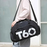 T60 Upgraded Sports Bag: Wet-Dry Separation + Independent Shoe Compartment, Large Capacity, Multiple Carry Options – A Must-Have for Travel./White characters on black background