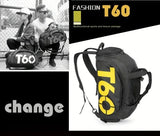 T60 Upgraded Sports Bag: Wet-Dry Separation + Independent Shoe Compartment, Large Capacity, Multiple Carry Options – A Must-Have for Travel./White characters on black background