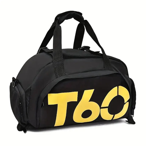 T60 Upgraded Sports Bag: Wet-Dry Separation + Independent Shoe Compartment, Large Capacity, Multiple Carry Options – A Must-Have for Travel./Yellow characters on black background