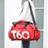 T60 Upgraded Sports Bag: Wet-Dry Separation + Independent Shoe Compartment, Large Capacity, Multiple Carry Options – A Must-Have for Travel./Yellow characters on black background