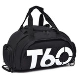 T60 Upgraded Sports Bag: Wet-Dry Separation + Independent Shoe Compartment, Large Capacity, Multiple Carry Options – A Must-Have for Travel./Yellow characters on black background