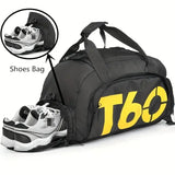 T60 Upgraded Sports Bag: Wet-Dry Separation + Independent Shoe Compartment, Large Capacity, Multiple Carry Options – A Must-Have for Travel./Yellow characters on black background