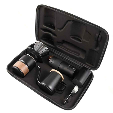 6-Piece Pour Over Coffee Set, Coffee Machine Gift Box, Pour Over Coffee Kettle, Coffee Cup, Coffee Bean Grinder Set.black