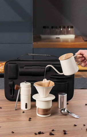 6-Piece Pour Over Coffee Set, Coffee Machine Gift Box, Pour Over Coffee Kettle, Coffee Cup, Coffee Bean Grinder Set.WHITE