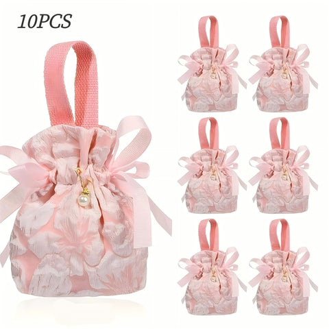 10PCS Pink Jacquard Drawstring Gift Bags – Satin Ribbon Bow with Pearl Pendant, Sweet & Romantic, Perfect for Gifting and Storage Alike. In Australia - Darrahopens