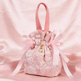 10PCS Pink Jacquard Drawstring Gift Bags – Satin Ribbon Bow with Pearl Pendant, Sweet & Romantic, Perfect for Gifting and Storage Alike.