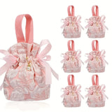 10PCS Pink Jacquard Drawstring Gift Bags – Satin Ribbon Bow with Pearl Pendant, Sweet & Romantic, Perfect for Gifting and Storage Alike.
