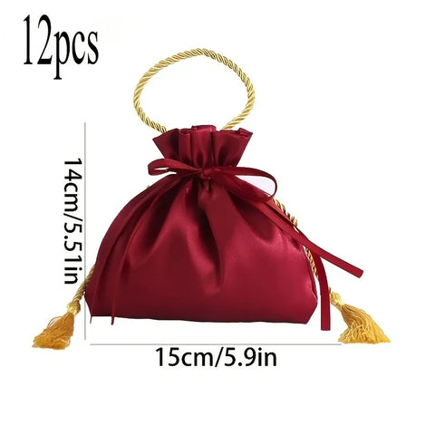 12PCS Red & Gold Drawstring Tassel Tote Bags – Exquisite & Festive, Perfect for Gift Wrapping and Holiday Decorations Alike.
