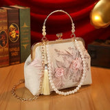 【3D Embroidery Small Square Bag】 Carved Gold Handle with Pearl Tassels, Polyester Jacquard Vintage Handbag, Versatile for Weddings, Tea Parties & Daily Commute, Luxurious Eastern Elegance./pink In Australia - Darrahopens
