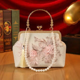 【3D Embroidery Small Square Bag】 Carved Gold Handle with Pearl Tassels, Polyester Jacquard Vintage Handbag, Versatile for Weddings, Tea Parties & Daily Commute, Luxurious Eastern Elegance./pink In Australia - Darrahopens