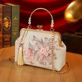 【3D Embroidery Small Square Bag】 Carved Gold Handle with Pearl Tassels, Polyester Jacquard Vintage Handbag, Versatile for Weddings, Tea Parties & Daily Commute, Luxurious Eastern Elegance./pink