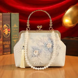 【3D Embroidery Small Square Bag】 Carved Gold Handle with Pearl Tassels, Polyester Jacquard Vintage Handbag, Versatile for Weddings, Tea Parties & Daily Commute, Luxurious Eastern Elegance./pink