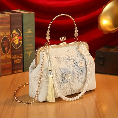 【3D Embroidery Small Square Bag】 Carved Gold Handle with Pearl Tassels, Polyester Jacquard Vintage Handbag, Versatile for Weddings, Tea Parties & Daily Commute, Luxurious Eastern Elegance./BLUE In Australia - Darrahopens