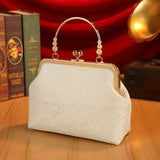 【3D Embroidery Small Square Bag】 Carved Gold Handle with Pearl Tassels, Polyester Jacquard Vintage Handbag, Versatile for Weddings, Tea Parties & Daily Commute, Luxurious Eastern Elegance./BLUE In Australia - Darrahopens