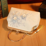 【3D Embroidery Small Square Bag】 Carved Gold Handle with Pearl Tassels, Polyester Jacquard Vintage Handbag, Versatile for Weddings, Tea Parties & Daily Commute, Luxurious Eastern Elegance./BLUE