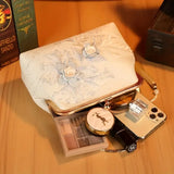 【3D Embroidery Small Square Bag】 Carved Gold Handle with Pearl Tassels, Polyester Jacquard Vintage Handbag, Versatile for Weddings, Tea Parties & Daily Commute, Luxurious Eastern Elegance./BLUE