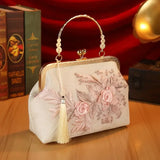 【3D Embroidery Small Square Bag】 Carved Gold Handle with Pearl Tassels, Polyester Jacquard Vintage Handbag, Versatile for Weddings, Tea Parties & Daily Commute, Luxurious Eastern Elegance./BLUE