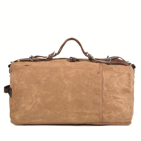 Retro Waxed Canvas Travel Bag, Large Capacity, Waterproof & Wear-Resistant, Crazy Horse Leather Handles, Essential for Outdoor Short Trips, Business & Camping!(khaki)