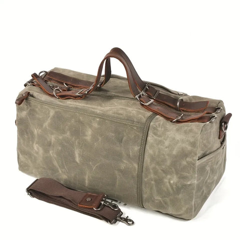 Retro Waxed Canvas Travel Bag, Large Capacity, Waterproof & Wear-Resistant, Crazy Horse Leather Handles, Essential for Outdoor Short Trips, Business & Camping!（pitch green） In Australia - Darrahopens
