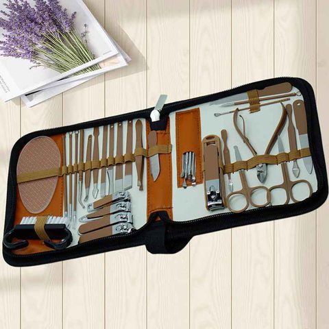34-Piece Manicure Set: Sharp and Durable Stainless Steel Tools, All-in-One Hand, Foot, and Face Care, Portable Zippered Pouch, a Must-Have Exquisite Grooming Essential for Home and Travel!/brown
