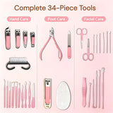 34-Piece Manicure Set: Sharp and Durable Stainless Steel Tools, All-in-One Hand, Foot, and Face Care, Portable Zippered Pouch, a Must-Have Exquisite Grooming Essential for Home and Travel!/brown
