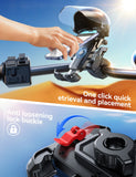 Riding phone mount: anti-vibration, anti-loosening, quick release; extended arm and sun visor for clear visibility in bright light; rock-solid in rain and on rough roads; compatible with all vehicles, perfect for commuting and off-road riding.