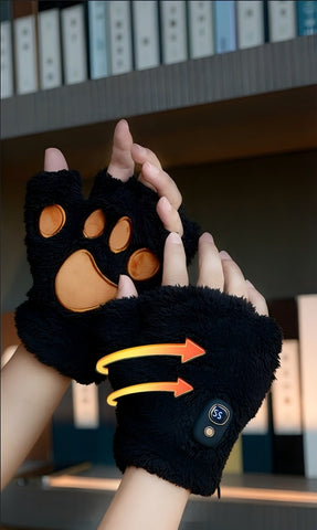 BLACK Cat Paw Fingerless Electric Heating Gloves, 3 adjustable heating levels, washable, 2000mAh battery, fluffy and warm, perfect for study and entertainment, ideal gift for birthdays and Christmas.