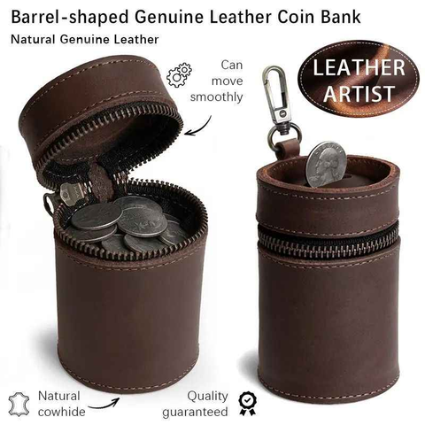 Oil Nubuck Leather Barrel Piggy Bank, Top-Grain Cowhide Plain Design, Zipper Closure Portable（coffee color）